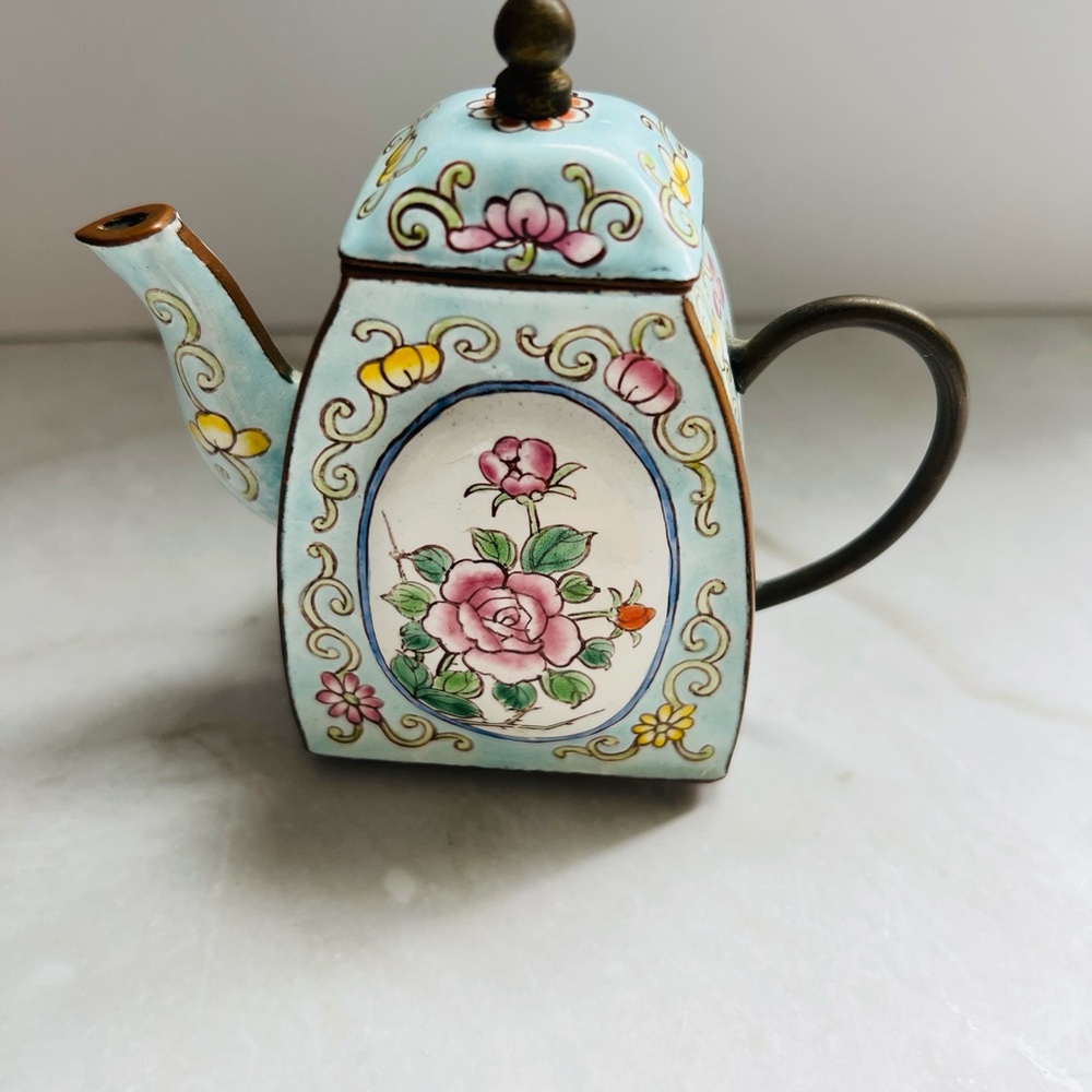 Floral Mixed Media Miniature Vintage Teapot Wall Art in Light Blue and Pink